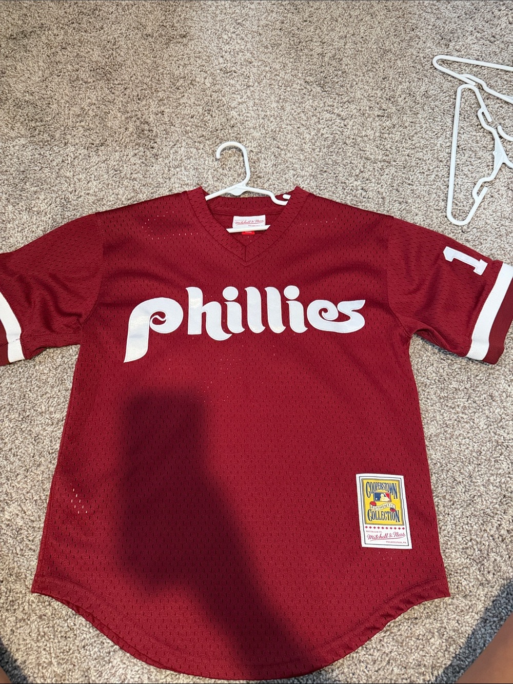 Mitchell & Ness Phillies Youth Maroon Mesh Jersey with White Script
